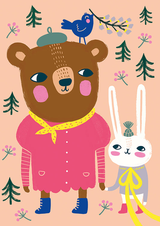 Postcard Mira Mallius - Bear and bunny in the forest