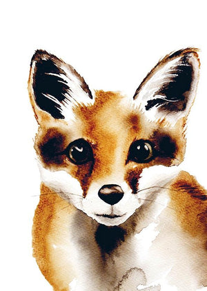 Watercolor painting of a curious red fox gazing directly at the viewer. 
