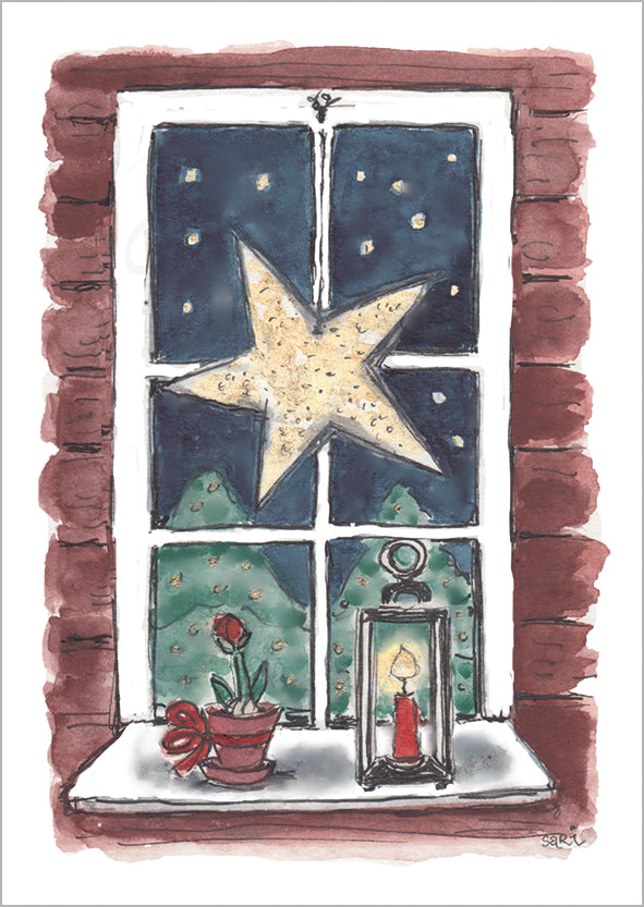 Joulukortti Sari's Artwork - Joulutähti ikkunalla
