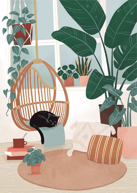Postcard Kaisu Sandberg - Cat in a basket chair