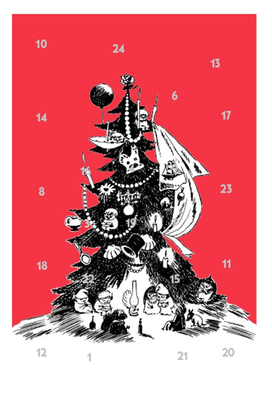 Adventtikalenterikortti - Kuusi punainen tausta