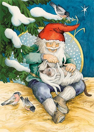 Inge Löök Christmas card - Elf and cat under the tree