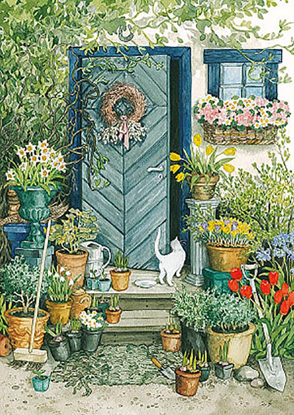 Inge Löök postcard - Cat at the door