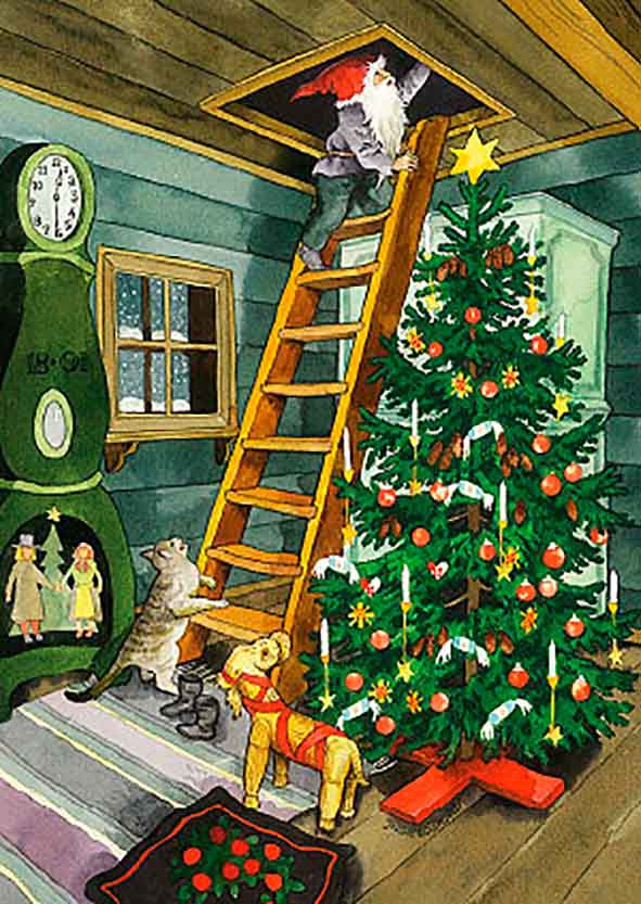 Inge Löök Christmas card - Elf and Christmas tree in the house