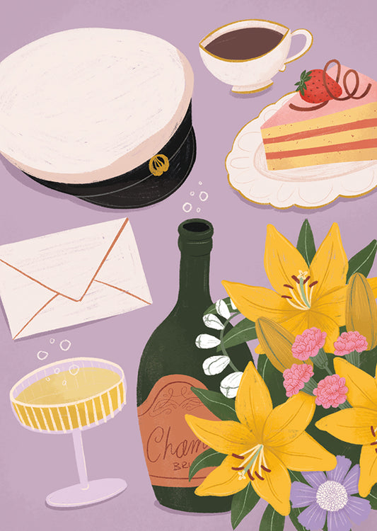 2-osainen kortti Kaisu Sandberg - Yo-lakki, kakkupala ja kukat
