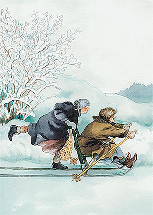 Inge Löök postcard - Grandmothers and a sled