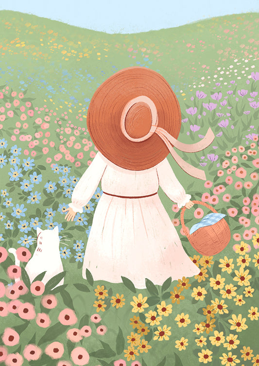 2-part card Kaisu Sandberg - A girl and a cat in a flower meadow