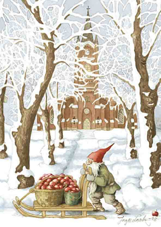 Inge Löök Christmas card - Elf and sleigh at church