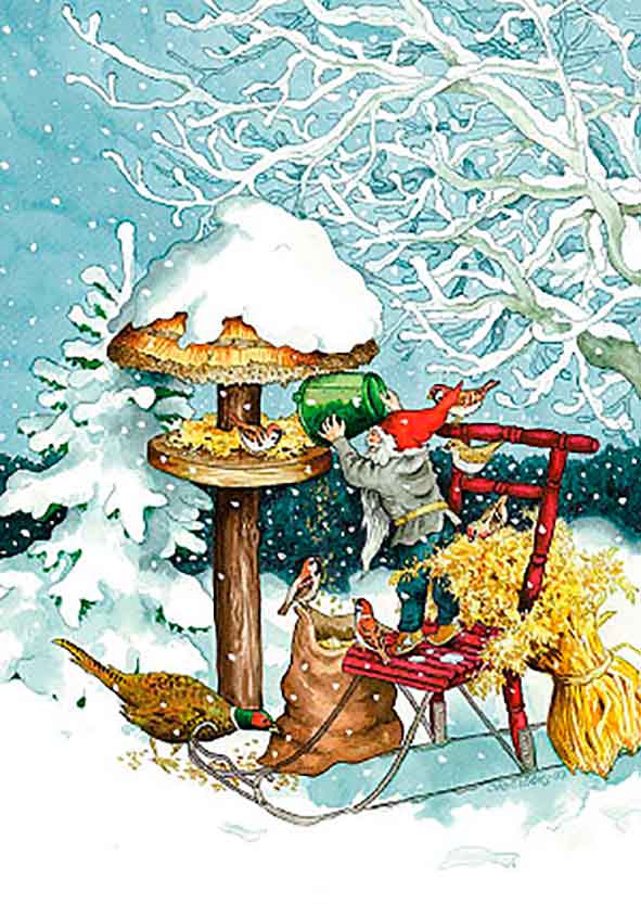Inge Löök joulukortti - Tonttu ja lintujen jouluruoka