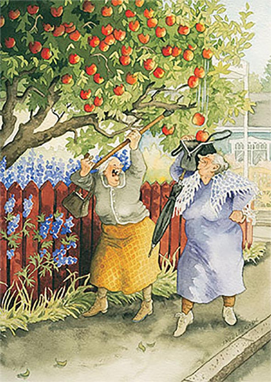 Inge Löök postikortti - Mummot omenavarkaissa