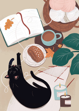 Postikortti Kaisu Sandberg - Kissa ja neuletyö