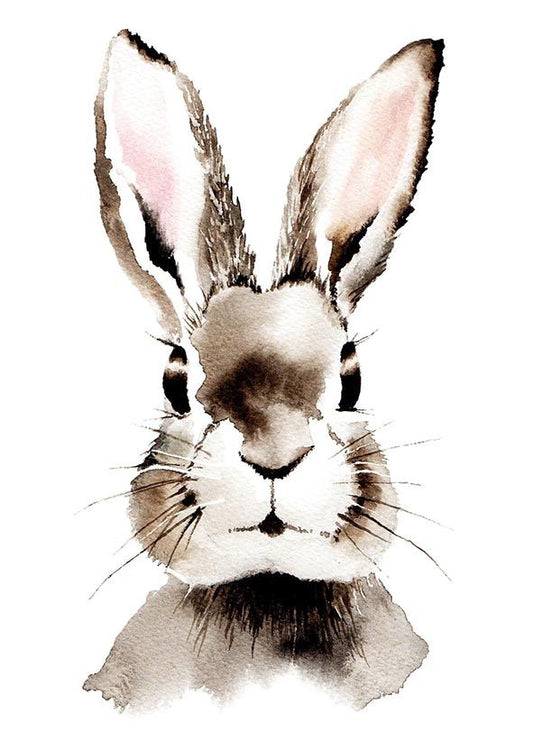 Watercolor painting depicts a brown rabbit with long, upright ears and soft, delicate whiskers staring directly at the viewer.