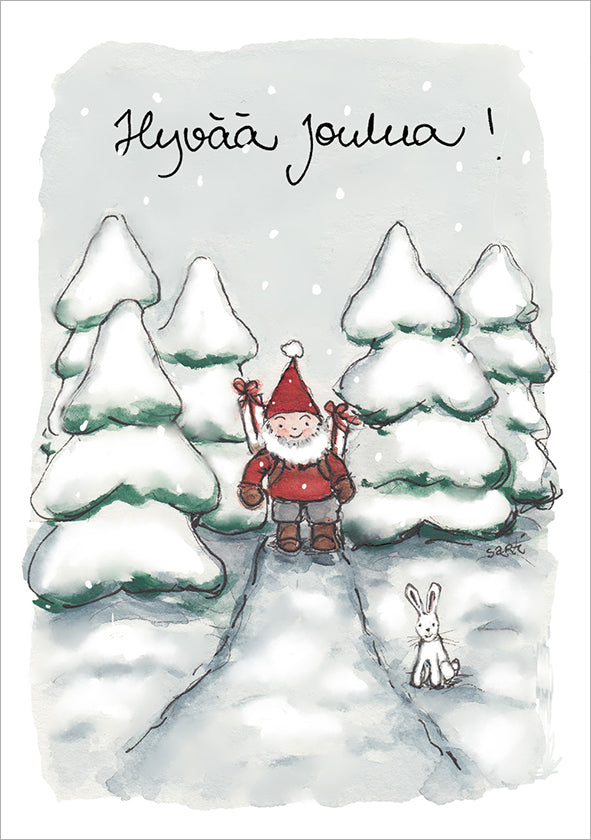 2-osainen joulukortti Sari's Artwork - Tonttu ja pupu, Hyvää joulua