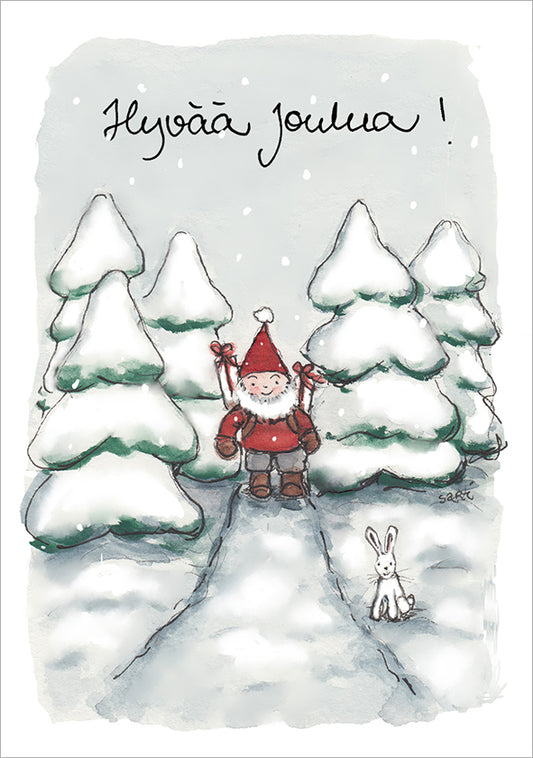 2-osainen joulukortti Sari's Artwork - Tonttu ja pupu, Hyvää joulua